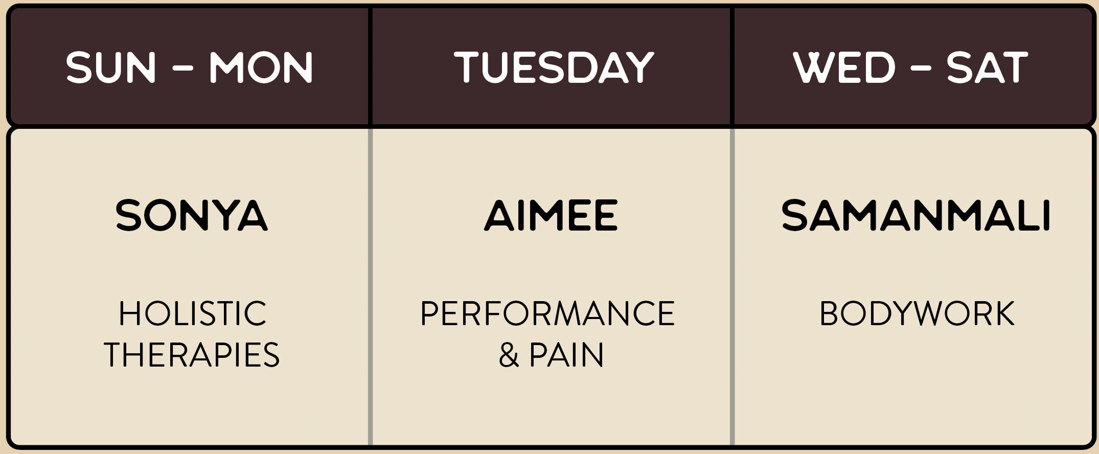 massage weekly timetable 